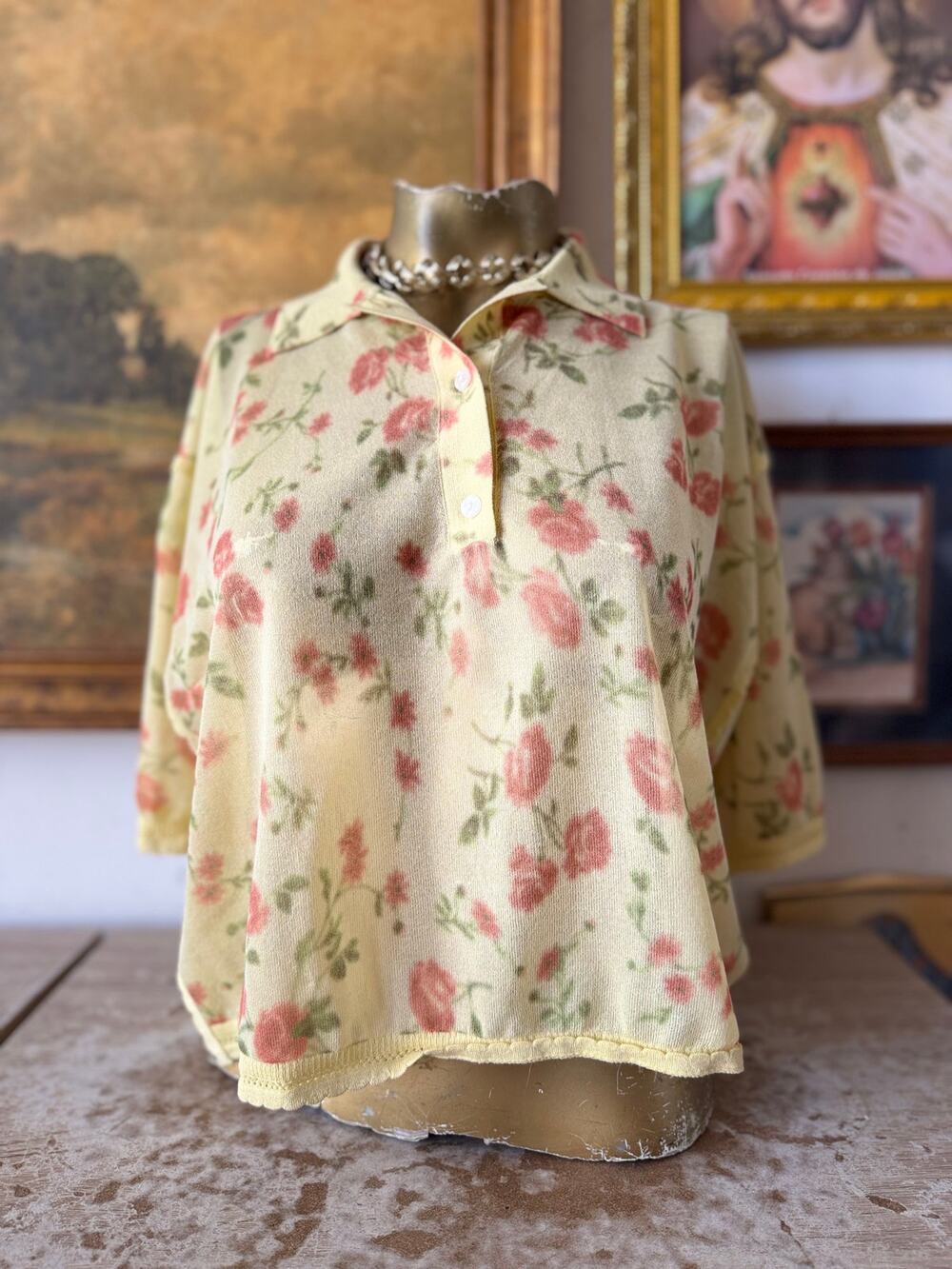 NWT Maeve Yellow Short Sleeve Sheer Pullover w Rose Print Small